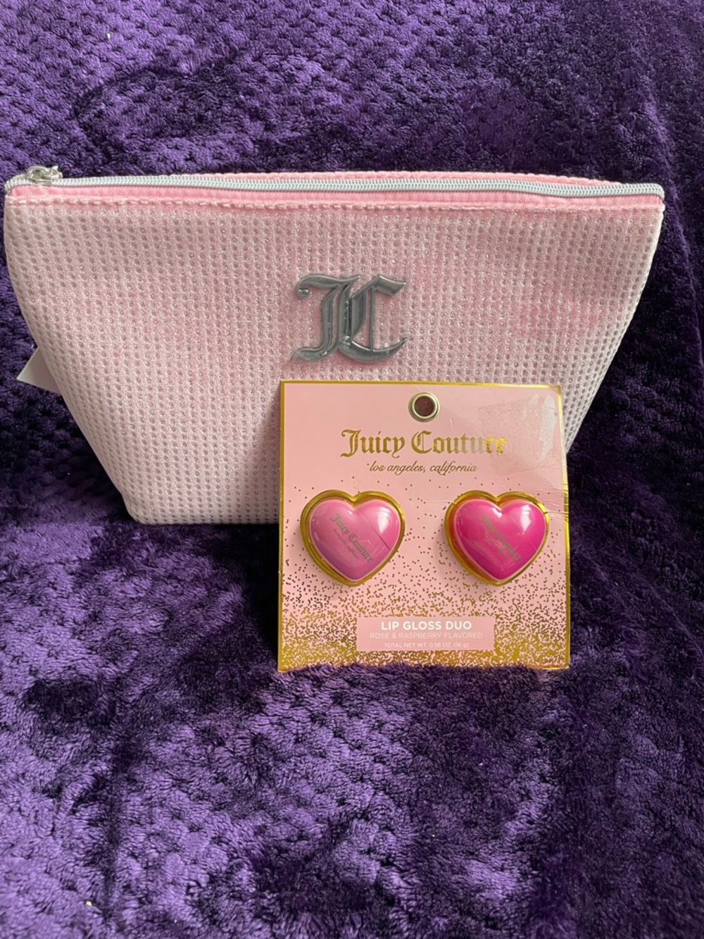 Juicy Couture Pink Heart Lip Gloss Duo with Blush Pink Cosmetic Pouch NWT